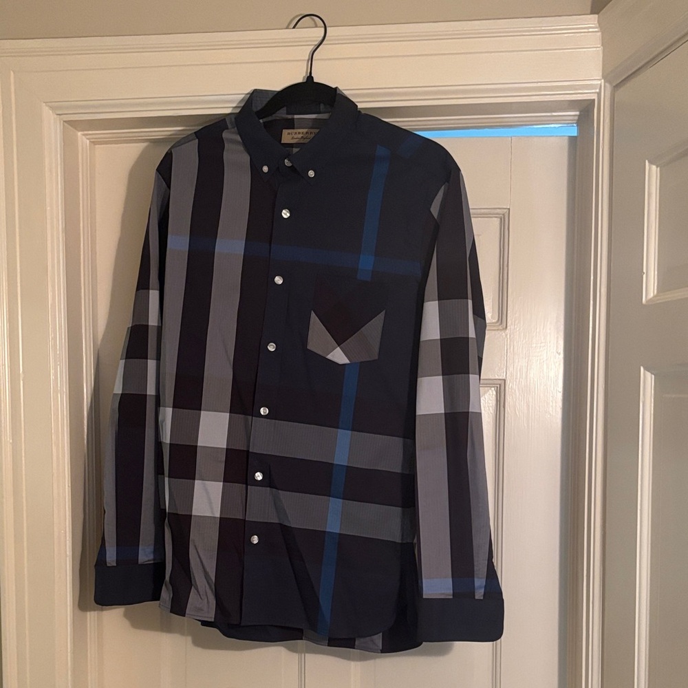 💯 Authentic Burberry Dark Blue and Gray Plaid Shirt